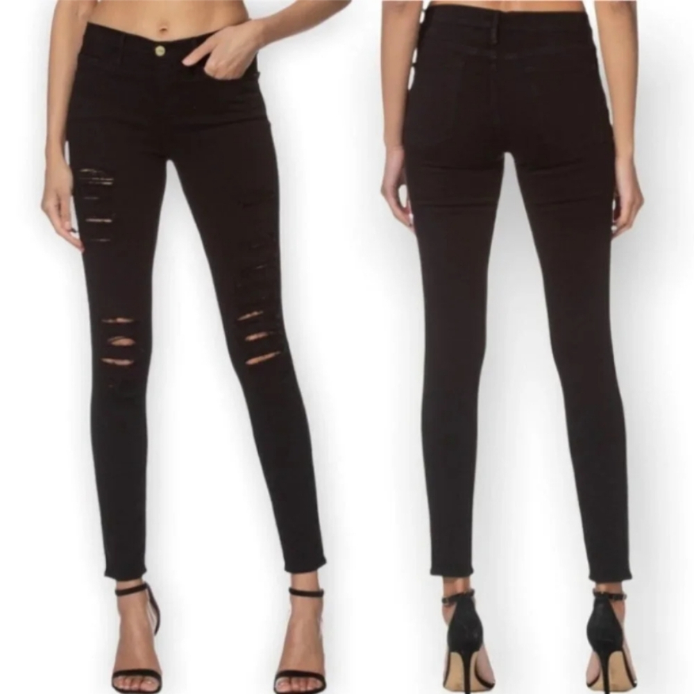 Frame Denim Le Skinny De Jeanne Jeans Film Noir Black Distressed Destroyed 27